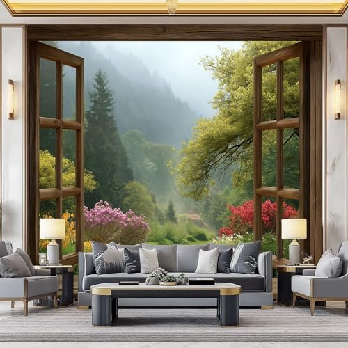 Fotomurales 3D Paisaje De Montaña Jardín 300x210 cm Papel Pintado Fotográfico, Decoración De la Pared Murales para Salón, Dormitorio, Habitación para Niños, Pared de TV