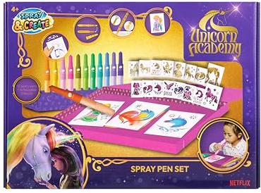 Unicorn Academy Spray Pen Set Deluxe | Desktop Airbrush målningsset med 12 maskpennor & 16 stenciler | kreativt pysselset med spraypennor för barn | Spray & Create Art Box present