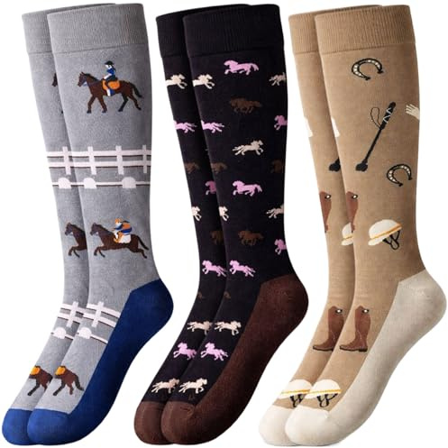 MUNSKT 3 paia di calzini alti da donna,Cavallo Cavallo Sock,Regali equestri per le donne