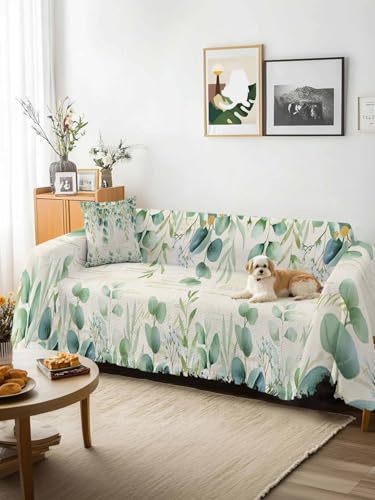 Yomandocix Green Sofa Cover Blanket Couch Covers for Armchair Cushion, Couch Sofa Silpcover with Tassel, Eucalyptus Leaves Living Room Bedroom Throw Towel Blanket Covers for Pets Kids XX-L 71x150