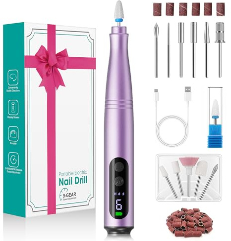 Fofile Nagelfräser Kabellos, 12 in 1 Elektrische Nagelfeile 9 Verstellbare Geschwindigkeit Fräser für Gelnägel Maniküre und Pediküre Set Elektrisch für Acrylnägel, Gelnägel Professionell Nail Drill