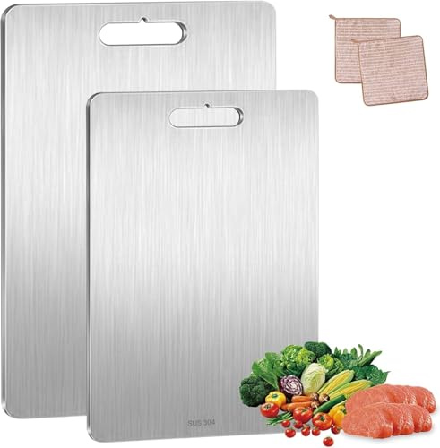 JOTOL 2 Piezas Tabla de Cortar de 304 Acero Inoxidable Grado Alimenticio Profesional, Doble Cara Sin BPA, Fácil de Limpiar, Cutting Board 34x23cm + 25x15cm - para Carne, Queso, Frutas y Verduras