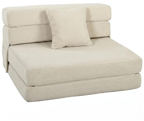 HOMCOM Canapé-Lit Pliant 2 en 1 Chauffeuse 1 Place Convertible 100cm Crème | Velours Côtelé, Matelas Pliable, Coussin Épais, Dossier Oreiller, Poches Latérales, Aucun Assemblage Requis
