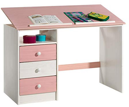 IDIMEX Kinderschreibtisch Kevin aus Kiefer in weiß/rosa, schöner Schülerschreibtisch mit Neigungsverstellung, praktischer Schreibtisch mit 3 Schubladen und Ablagefach