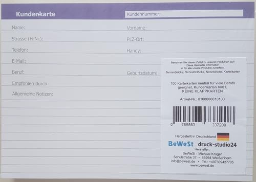 100 Karteikarten neutral für viele Berufe geeignet, Kundenkarten KK01, KEINE KLAPPKARTEN