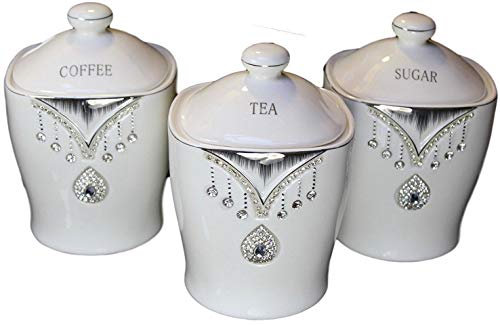 HCAA Tea Sugar Coffee Canister JAR Storage Set of 3 with Sparkling Crystal Diamante Elements (White)