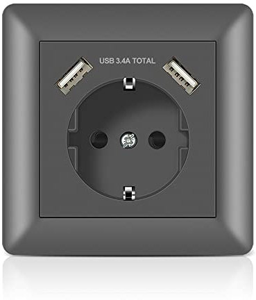 Kaifire Schuko Steckdose mit 2 USB Anschluss 3.4A Grau, Wandsteckdose System 55 Unterputz - Ladegerät für Smartphone Tablet MP3