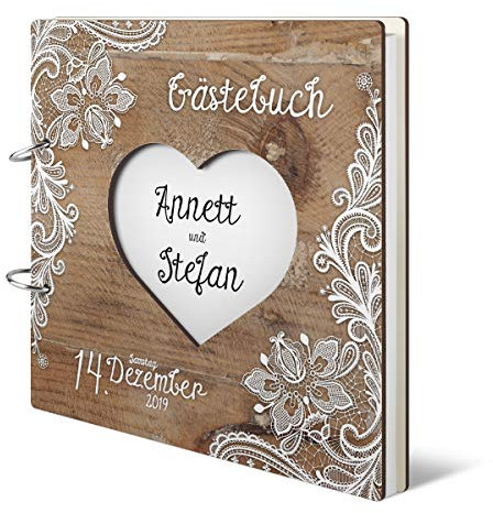 Personalisiertes Hochzeit Gästebuch - Rustikal Motiv (HDF bedruckt mit Holzmotiv und Weißer Spitze) - 215 x 215 mm 72 Blätter / 144 Naturpapier Innenseiten, Herz ausgeschnitten