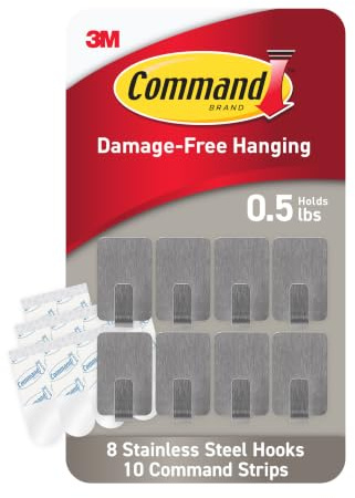 Command Small Stainless Steel Metal Hooks 8 Hooks 10 Strips Holds up to 0.5 lb Removable Self Adhesive Hooks Great for Wall Decor