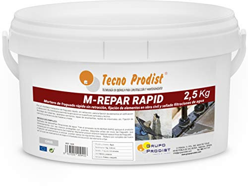 M-REPAR RAPID de Tecno Prodist - (2,5 kg) Mortero de fraguado rápido sin retracción, fijación de elementos en obra civil y sellado de filtraciones de agua. Color Gris