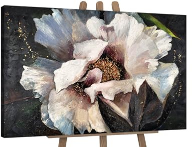 YS-Art Quadro Dipinto a Mano – Peonia Bianca Grande, Fiore Floreale su Tela, Decorazione Botanica Elegante per Corridoio e Pranzo 120x80 cm