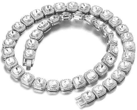 HALUKAKAH Diamante Catena Tennis Raggruppati per Uomo,Placcato in Platino Quadrato Bianco Diamante Collana 45cm,Diamanti da Laboratorio,con Confezione Regalo Gratuita