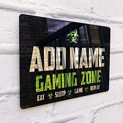 ShopQuality4U Personalised Metal Mirror Gamer Sign - Customised Printed Wall Art Plaque A5 Gaming Zone Caution, Bedroom