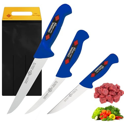 EIKASO Solingen Germany 3-Teiliges Profi Messer Set - scharfe Klingen handabgezogen für weniger Kraftaufwand beim Schneiden - Griffe ergonomisch geformt aus Polypropylen