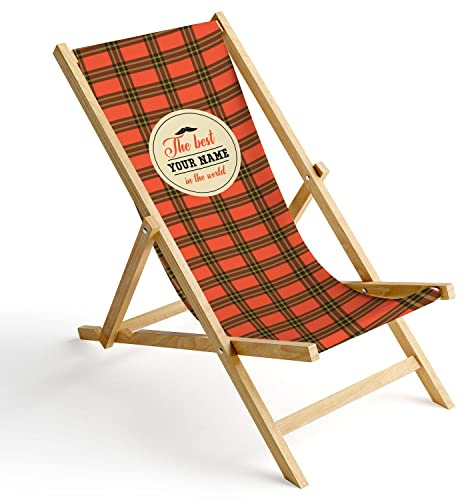 Ferocity Personalisierbarer Holz-Liegestuhl Klappbar Klappliegestuhl Sonnenliege Strandstuhl Wechselbezug Motiv Orange Kariert [119]
