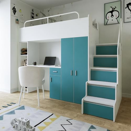 Marlux-Meble Hochbett Kinderbett JSM-4 90x200 mit Kleiderschrank Schreibtisch und Treppe Matt Kinderbetten Funktionsbett Etagenbett Stockbett Kinderhochbett Jugendhochbett (Türkis Matt)