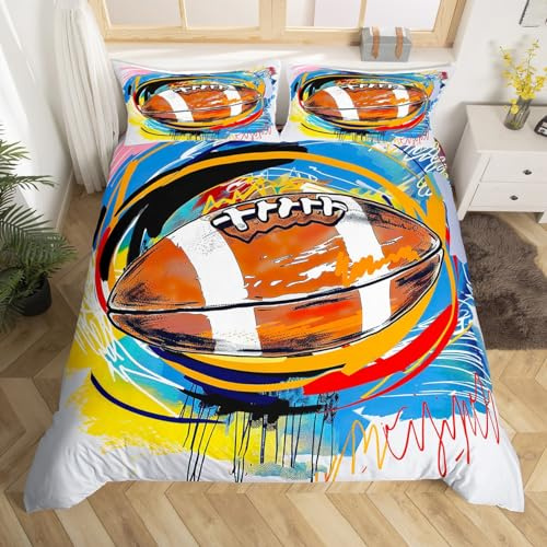 Castle Fairy American Football Duvet Cover Full Size,Watercolor Graffiti Bedding Set for Kids Boys Teens Room Decor,Ball Sports Gaming Comforter Cover Cartoon Fashion Quilt Cover 3pcs,2 Pillowcases