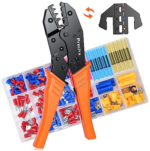 Pinces à Sertir pour Cosses Isolées et Thermorétractables, 2 Têtes de Sertissage Remplaçables avec 200 Connecteurs de Fil, AWG 20-10(0.5-6mm²), Outil de Sertissage à Cliquet Preciva
