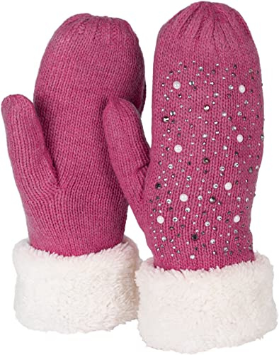 styleBREAKER Damen Strick Fäustlinge Strass Perlen | Wärmendes Thermo-Fleece-Innenfutter, elastische Passform für 16-21 cm Handumfang (Größe 6-8), ohne störende Nähte.