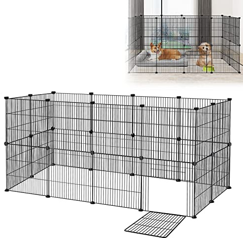 Froadp Recinzione per Animali Domestici Conigli da Esterno 142x72x72cm in Metallo 24 Pezzi Recinto a Griglia con Porta per Cavie, Animali da Compagnia, Gabbia per Cuccioli, Hamster (Nero)