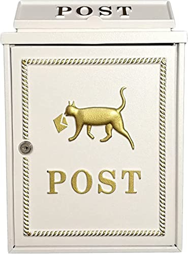 Briefkasten mit dekorativem Schloss für den Außenbereich, Retro, an der Wand befestigter Briefkasten aus Gusseisen, Garten, dekorative Katze (Color : White)