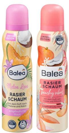 Balea 2er-Set Rasierschaum für empfindliche Haut: Rasierschaum Sweet Almond für seidig-glatte Haut, Vanille & Mandel Duft (150 ml) + Rasierschaum Melon Love duftet nach Melone & Kokos (150 ml), 300 ml
