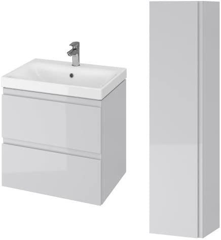 BAD LAND Badmöbel Komplett-Set Moduo 60 Grau Waschbecken-Unterschrank 60cm mit Hochschrank 160cm, Keramikwaschbecken, Badezimmermöbel 2-Schubladen, Hochhängeschrank, Tür mit Spiegel