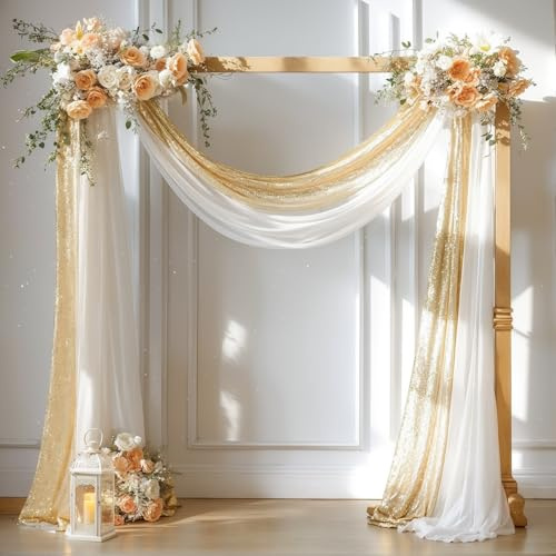 Tissu drapé pour arche de mariage, 1 panneau de 71,1 cm x 5,8 m et 1 panneau de 40,6 cm x 5,7 m en tissu à paillettes champagne pour arche de mariage, cérémonie, fête prénuptiale, réception