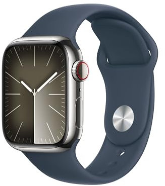 Apple Watch Series 9 GPS + Cellular 41mm Smartwatch con cassa in acciaio inossidabile color argento e Cinturino Sport blu tempesta - M/L. Fitness tracker, app Livelli O₂, display Retina always-on