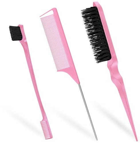 Soodyoow 3-in-1 Slick Back & Edge Brush, Back Combing & Teasing Brush, Rat Tail Comb for Hairdresser, Women, Children, Pink