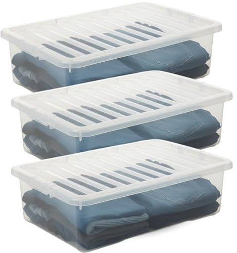 SIDSONS - 3x 32L Clear Plastic Underbed Storage Box with Lid - Space-Saving Nestable & Stackable Multi-Purpose Storage Boxes - Transparent Duvets & Clothes Organizer - Flat Storage Box with Clear Lid