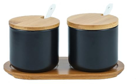 Lot de 2 sucriers en céramique de 250 ml avec cuillère, couvercle en bois et plateau à épices pour sel, sucre, café, thé, assaisonnement pour la maison, la cuisine, le café, le bar, noir