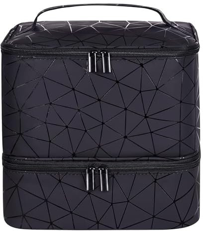 AMOYUN Black Large Makeup Bag, Nail Polish Organiser-Holds 30 Bottles Double-Layer Travel Storage Bags Waterproof PU Cosmetic Bag with Adjustable Dividers for Manicure Tools Storage