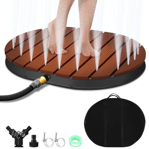 Daromigo Doccia da Giardino con 22 ugelli in Rame, Doccia Esterna in WPC, con pedana Regolabile Fino a 4 m di Altezza della Fontana, Antiscivolo, Resistente alle intemperie