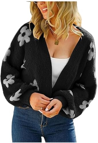 HEYPORK Damen Herbst Winter Warm Bequem Pullover Casual Mode Strickjacke Strickpullover Frauen Strickjacke StraßE Hipster Kurz Gestrickt Blumen Pullover