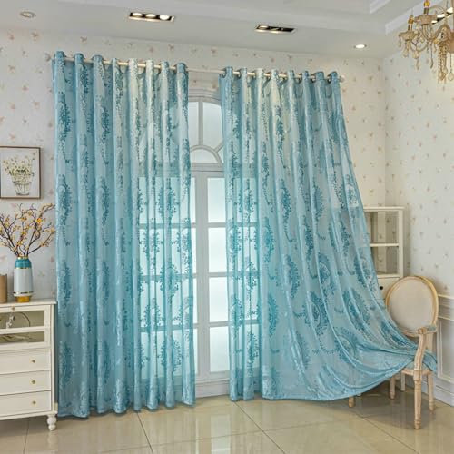 BCughia Durchsichtige Vorhänge Transparent, Vorhänge mit Floral Blattranken Muster Wohnzimmer Vorhang Fenster 2er Set H 115 x B 86 cm, Blau
