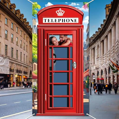WADORN Englischer Telefonzellen Hintergrund Party Banner Telefonzelle Dekoration Großes Stoff Banner Für Die Tür Einer Telefonzelle Foto Hintergrund Für Partygeschenke Mit Britischem 90x180cm
