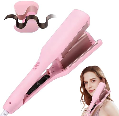 Waver Curling Iron Hair Crimper, 1.25 Inch Ionic Wavy Hair Curler with Ceramic 2 Barrel, 4 Adjustable Temps, Anti-Scald, Fast Heating Crimper Hair Iron for Wide Deep Waves (Pink)
