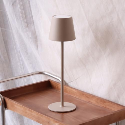 DILUMEN Tischlampe dimmbar kabellos,LED Akku Tischleuchte Metall,Beige | 5200mAh Wiederaufladbar USB-C, Touch Control Nachttischlampe, IP54 Wasserdichte für Innen und Außen, Terrassen, Restaurants