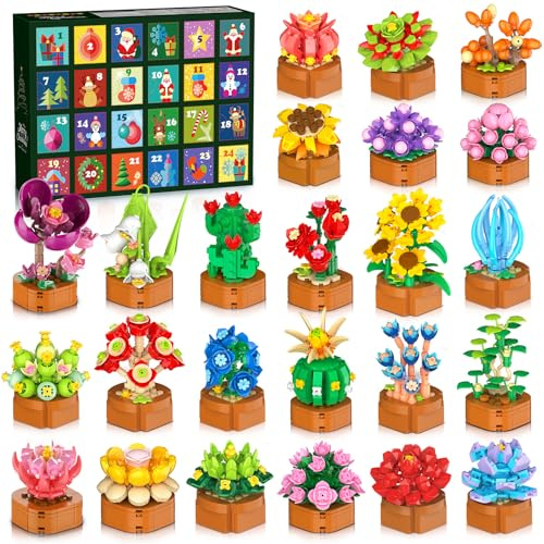 HOGOKIDS Calendrier l'Avent 2025 Fleurs Sets Jeux Construction Noël - 3.6 Mini Calendrier Compte à Rebours de Noël 24 Jours Blocs Collection Botanique, Cadeau Noël pour Adultes Enfants 10+