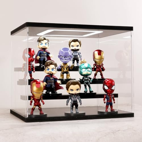 AZEYN Acryl Vitrine mit LED Beleuchtung, 3/4/5/6 Stufen Staubdicht Schaukasten für Minifiguren, Display Case Box für Modellautos Collectibles (Schwarz 4 Etagen 32×24.5×27cm)