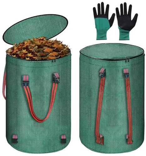 WANDGU 2 Stück 120L Gartenabfallsack: Wiederverwendbar Gartensack mit Deckel und Griffen, Gartenabfallsack inkl. Handschuh, Robust und Faltbar Laubsack Selbststehend für Gras Laub Hecke Gartenabfall