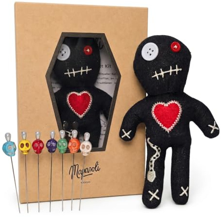 Mapanoli Voodoo Puppe (Schwarz) – Deko- und Scherzartikel für Erwachsene | Mit Totenkopf-Nadeln, Sargbox & Anleitung | Handgefertigt, 16 cm