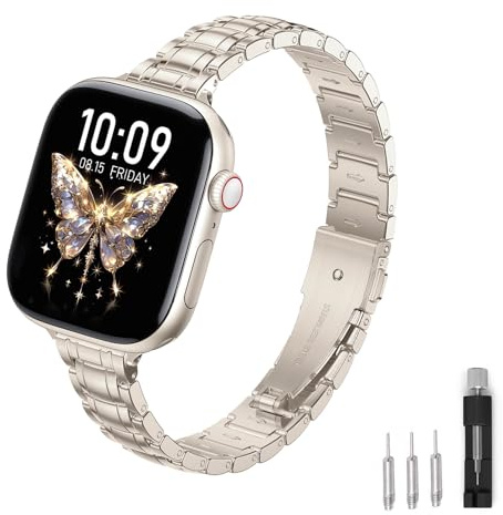 SOLOLUP Slim Metal Watch Straps Compatible With Apple Watch Strap SE 3/2 40mm 41mm 38mm 42mm(Serie 11/10) Women,Thin Stainless Steel Chain Band Wristband for iWatch 11 10 9 8 7 6 5 4 3,Polarstern