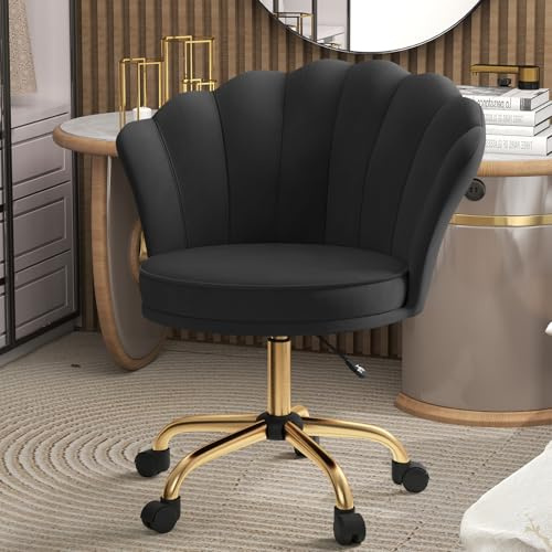 Aivermeil Schminktisch-Stuhl mit Rollen, höhenverstellbar, Schwarz | Samtbezug; 360° drehbar; Blütenblatt-Rückenlehne; Schreibtischstuhl für Homeoffice, Schminktisch & Schlafzimmer; bis 120 kg