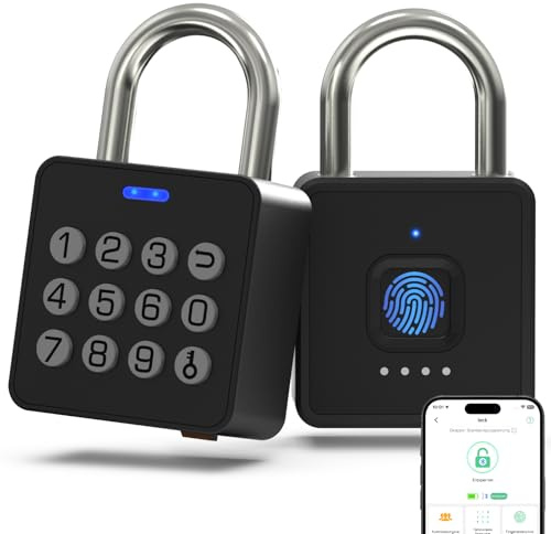 Eseesmart Fingerabdruck Schloss mit Zahlencode, Vorhängeschloss mit Fingerabdruck Code App-Steuerung, Smart Elektrisches Biometrie Wetterfest Schloss für Spind Keller Gartentür Locker