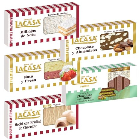 Pack Surtido 5 Turrones Lacasa:Cacao y Almendras,Milhojas de Nata,Nata y Fresa,Mochi con Praliné de Chocolate,Chocolate estilo Dubai