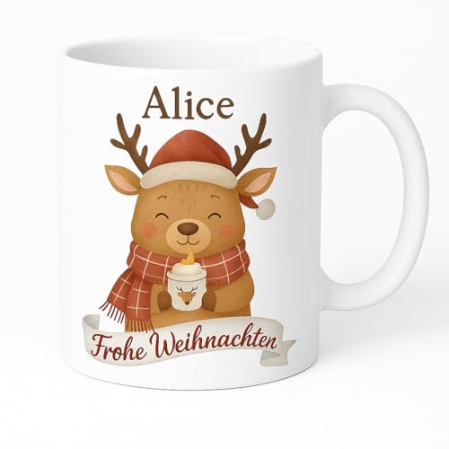 Personalisierte tasse zu Weihnachten, Weihnachtstasse mit Namen - Kaffeetasse für familie und freunde, Frohe Weihnachten Tasse Personalisierte Geschen - 330 ml (Hirsch)