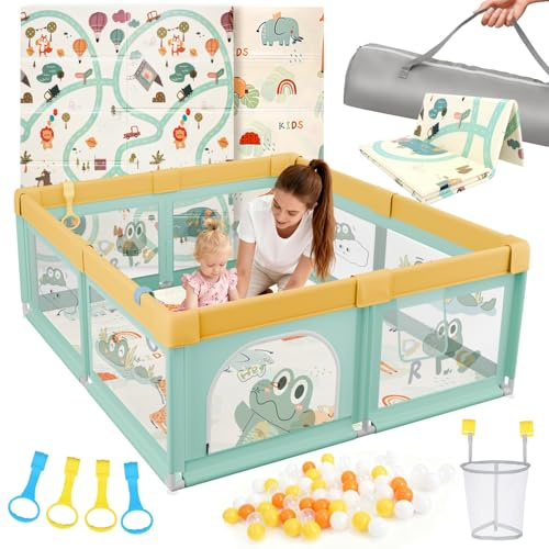 SOFTHOM Laufstall Baby 180x200cm mit Matratze, Großes Laufgitter Baby mit Spielmatte, Rutschfestem Boden und Atmungsaktivem Netz, Stabiler & Sicherer Indoor/Outdoor Babyspielplatz, Kinder Laufgitter