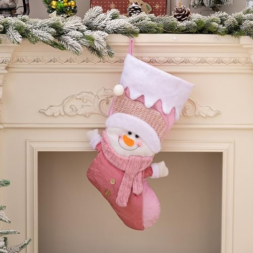 Gdfnmogo Rosa Weihnachtswichtelstrumpf für Kamindekoration, 49 x 22 cm, Plüsch-Nikolausstrumpf mit Vliesstoff und PP-Baumwollfüllung für Hol(Schneemann)